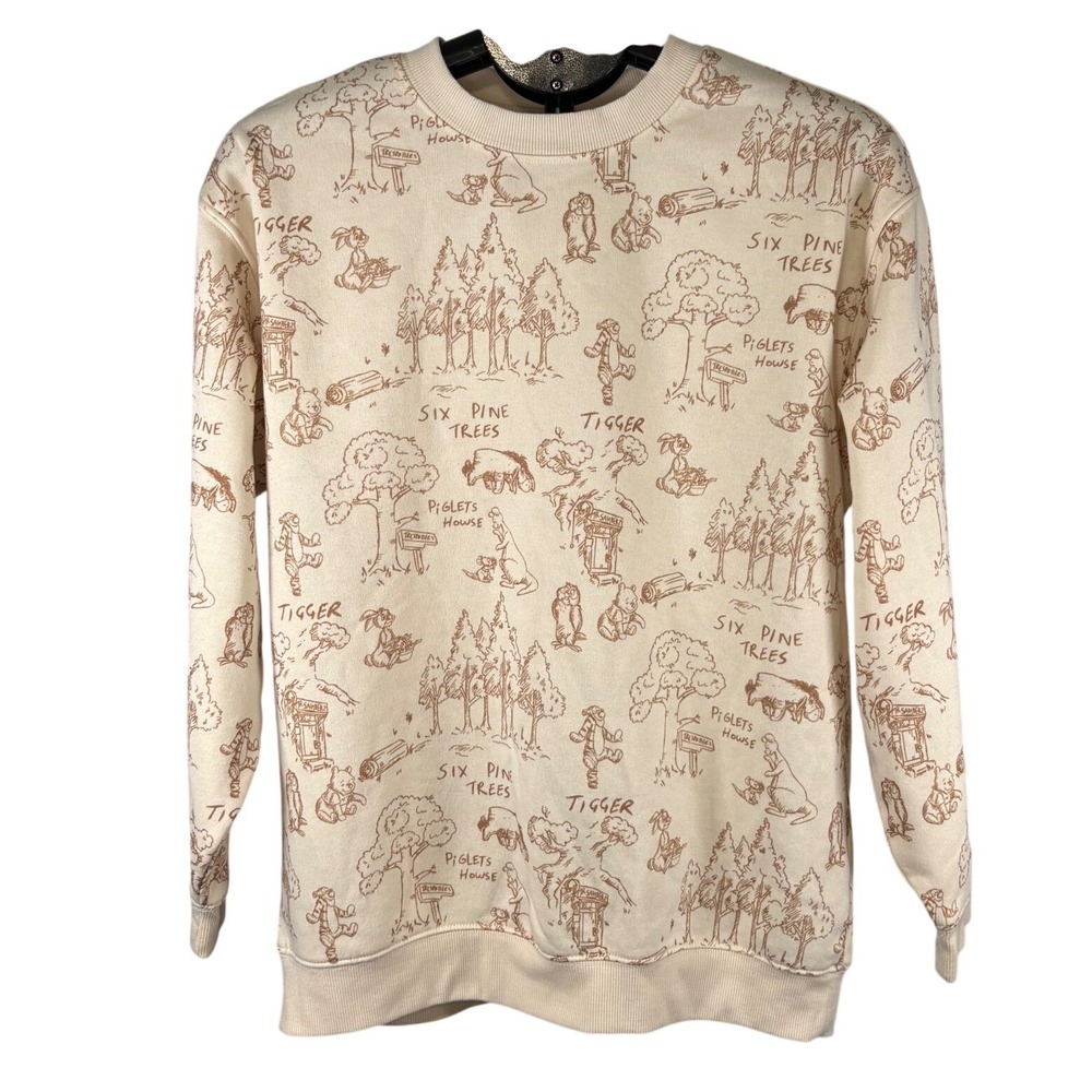 Disney Winnie the Pooh Hundred Acre‎ Wood  Sweatshirt Cream Brown Womens L